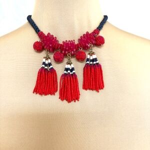 ANN TAYLOR necklace seed bead handmade statement red tassels 17" NWOT collar